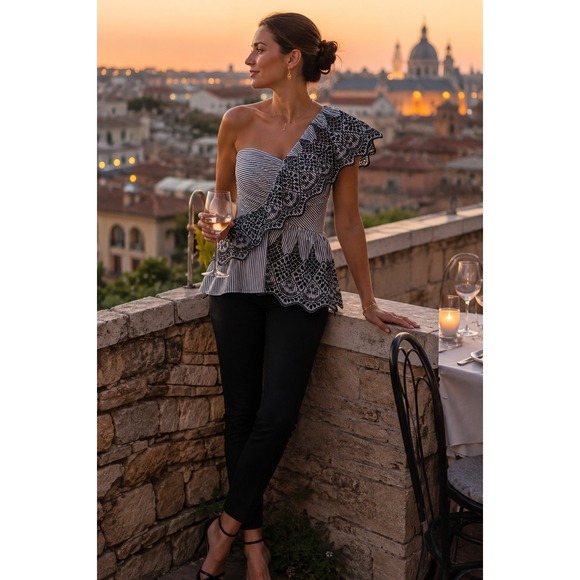 BCBGMaxAzria Tops - NWT BCBGMAXAZRIA One Shoulder Lace Peplum Top Striped Eyelet Size 8
